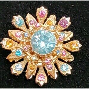 Coro Vintage Brooch Signed Multi Color Crystals 1" Diameter